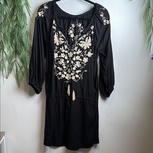 Lucky Brand Black Casual Dress with Cream Embroidery and Scoop Neck
